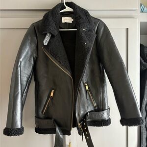 Rebecca Minkoff Black Leather Moto Jacket with Shearling Trim